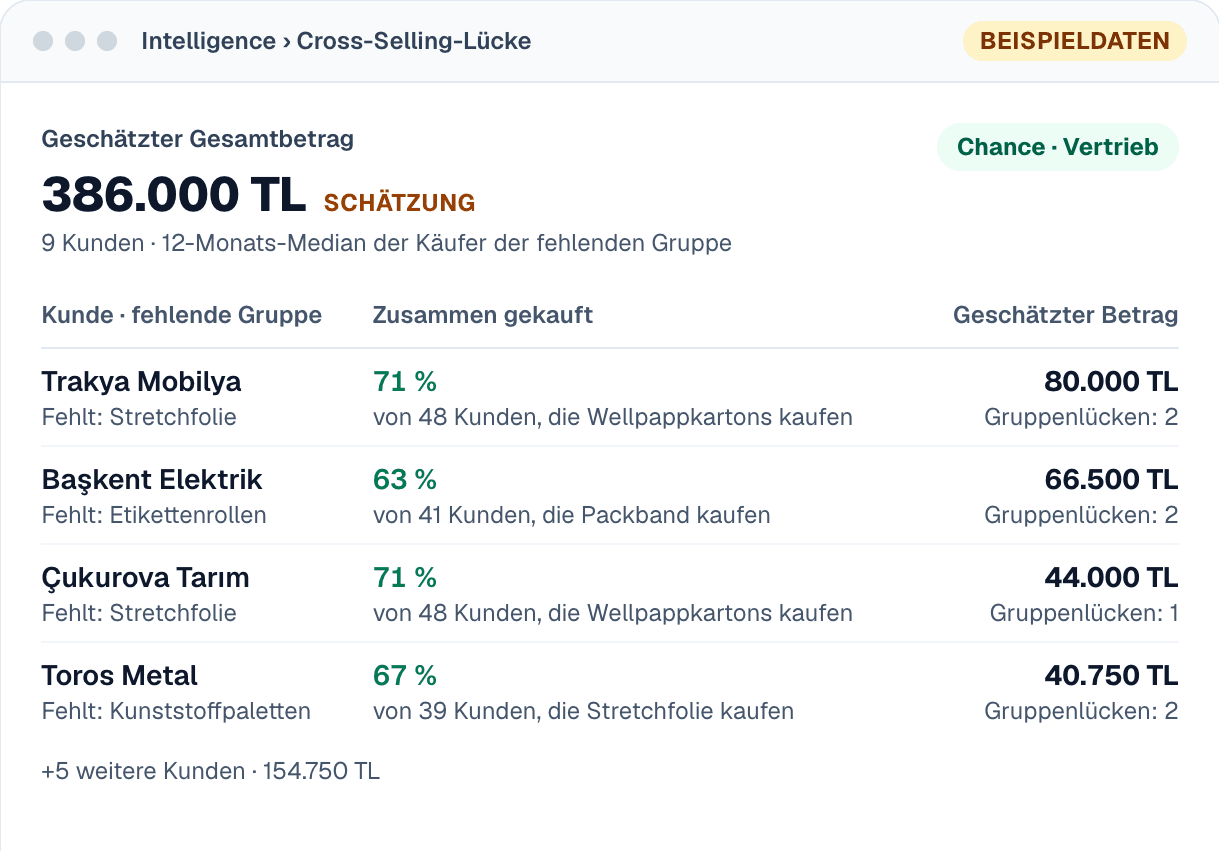 PULS-Bildschirm: Cross-Selling-Chance, mit Beispieldaten